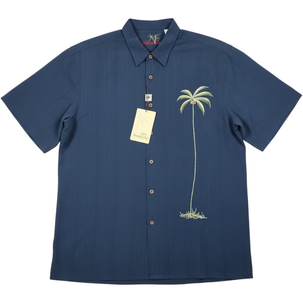 Bamboo Cay Embroidered Palm Tree Camp Shirt Men's XXL Navy Blue WB1003T